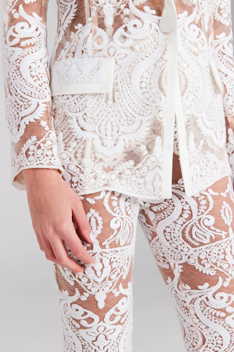 2023 White Lace Fashionable Woman Set Sexy See Through Suit Coat And Flare Pants 2 Pieces Evening Party Outfit