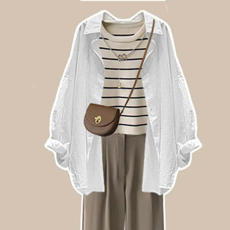 Spring and Autumn Set Women's 2024 New Large Women's Casual Shirt Knitted Tank Top High Waist Wide Leg Pants Three Piece Set