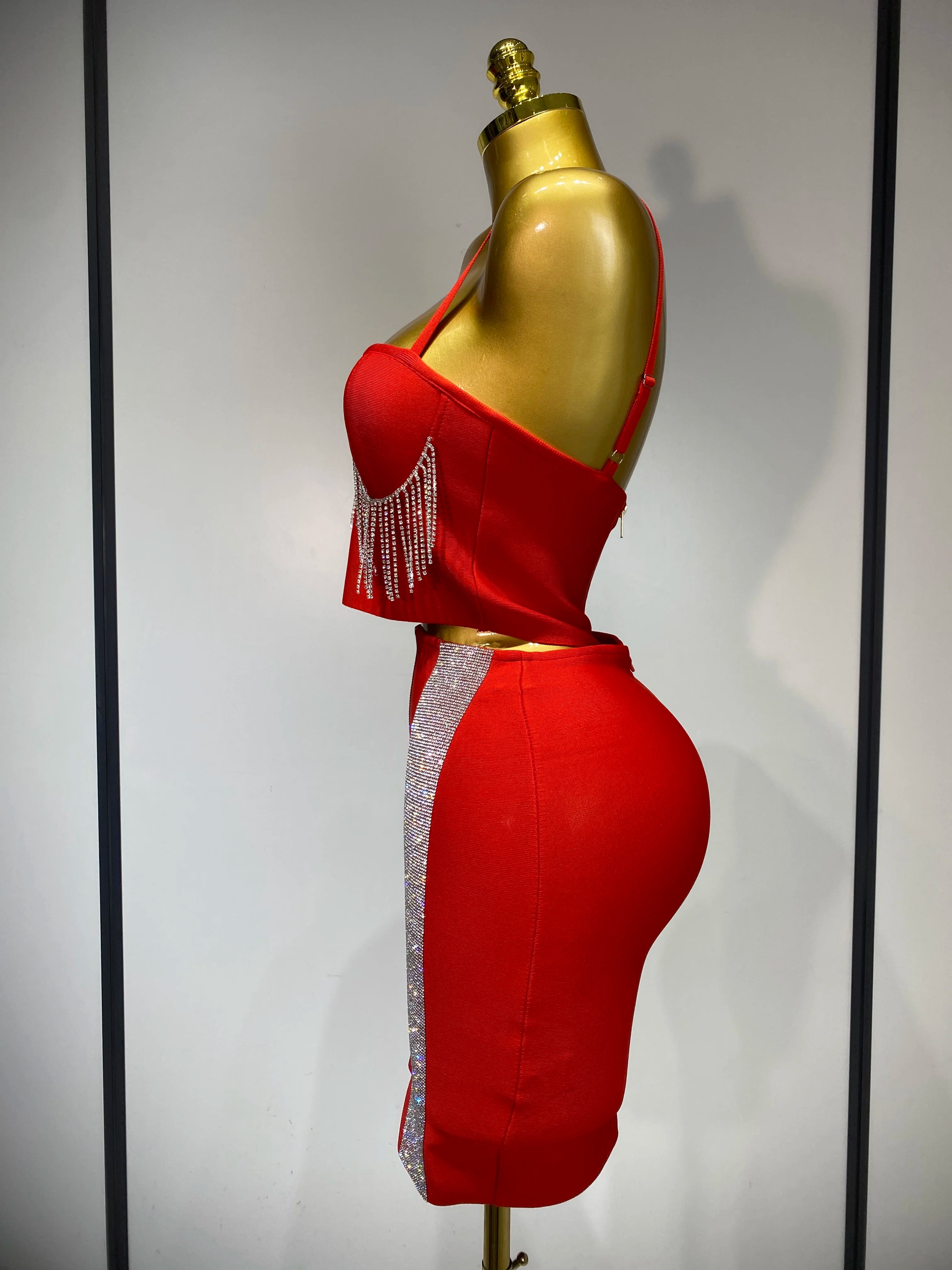 Women Sexy Sling Backless Tassels Bandage Skirt Two Piece Set 2025 Knitted Celebrity Elegant Evening Luxury Birthday Dresses