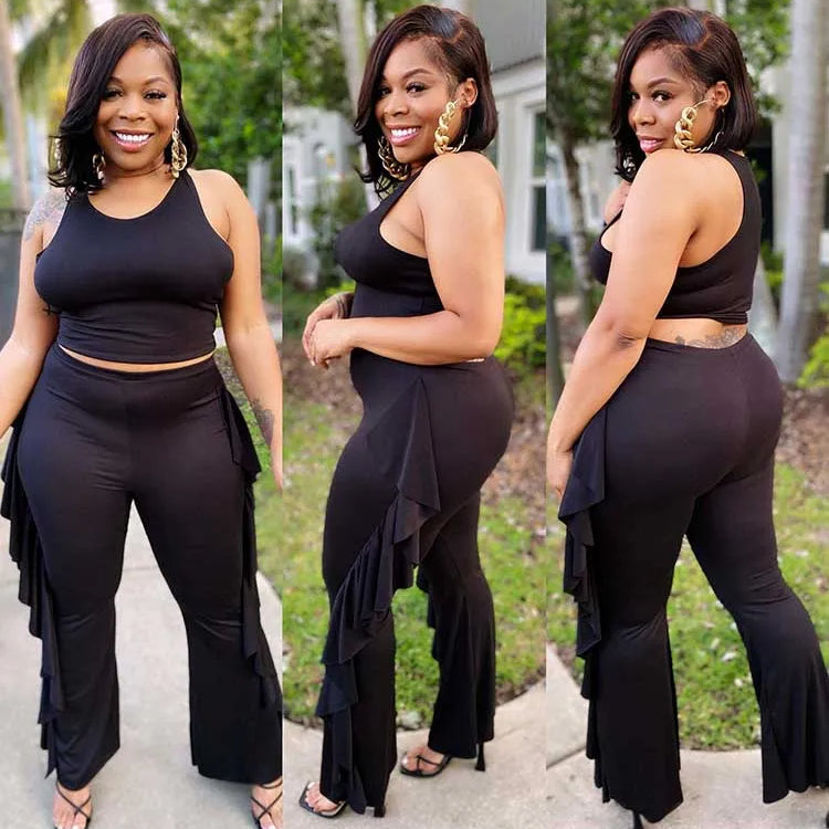 Style Plus Size Women Clothing Summer Two-piece Set Solid Color Tank Top Ruffle Pant Set Lady Trendy Suit Wholesale Dropshipping black