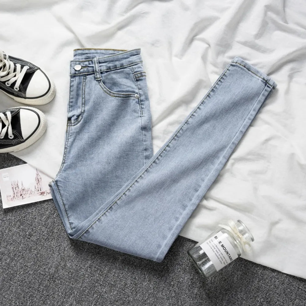 New Vintag Women High-rise Jeans Simple Solid Color Fashion Slim Pencil Pants All-match Skinny Elasticity Denim Trousers