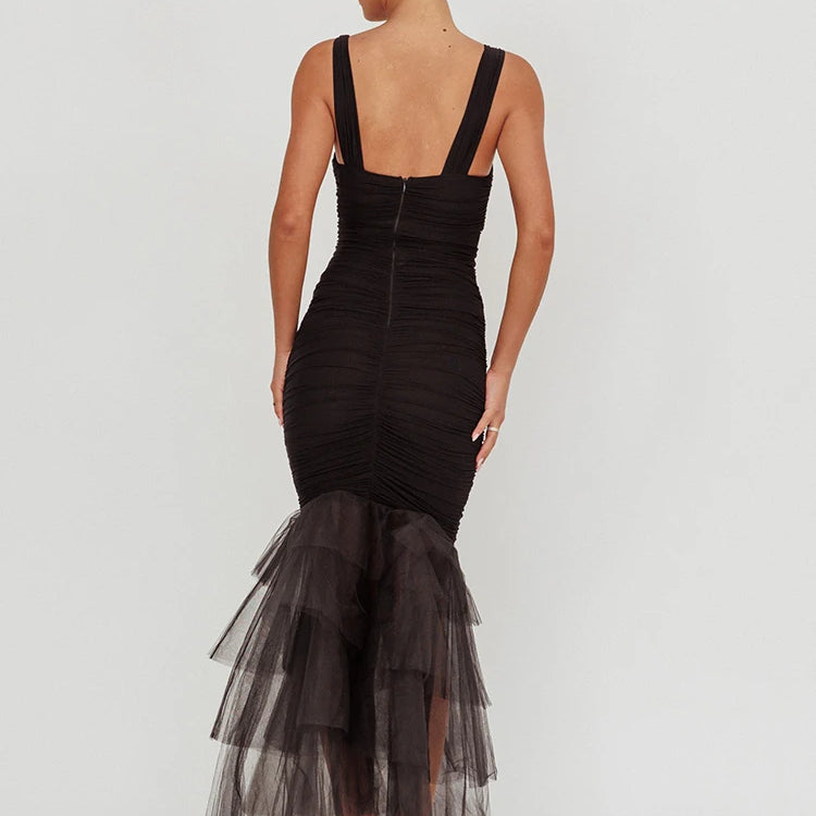 Mesh Backless Sexy Maxi Dress For Women Gown Two Layer Spaghetti Strap Sleeveless Ruched Bodycon Club Party Dress