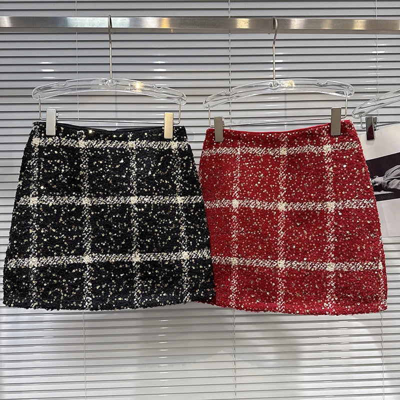 Winter New Fashion Sequin Woven Tweed Plaid A-line Skirt For Women Wrapped Hip A-line Short Skirts Female 11A07960
