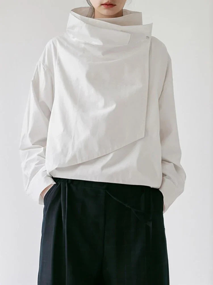 Freeacy Women's Autumn New Jacket High Neck Long Sleeves Loose Fit Coat Solid Color Asymmetrical Cool Outerwears for Female WHITE