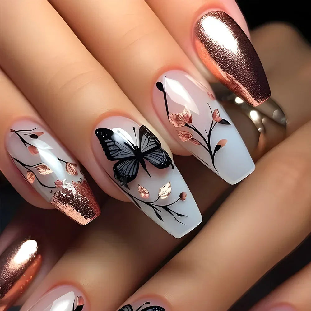 24Pcs Mid-length Fake Nails with Glue Wearable Glitter Press on Nail Detachable French Sweet Butterfly Acrylic Nail Manicure Tip 5