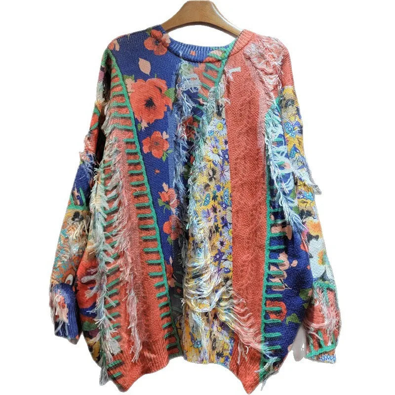 Autumn Winter New Fashion Elegant Casual Versatile Printed Knitted Tassel Sweater For Women Loose Pullover 11A07722