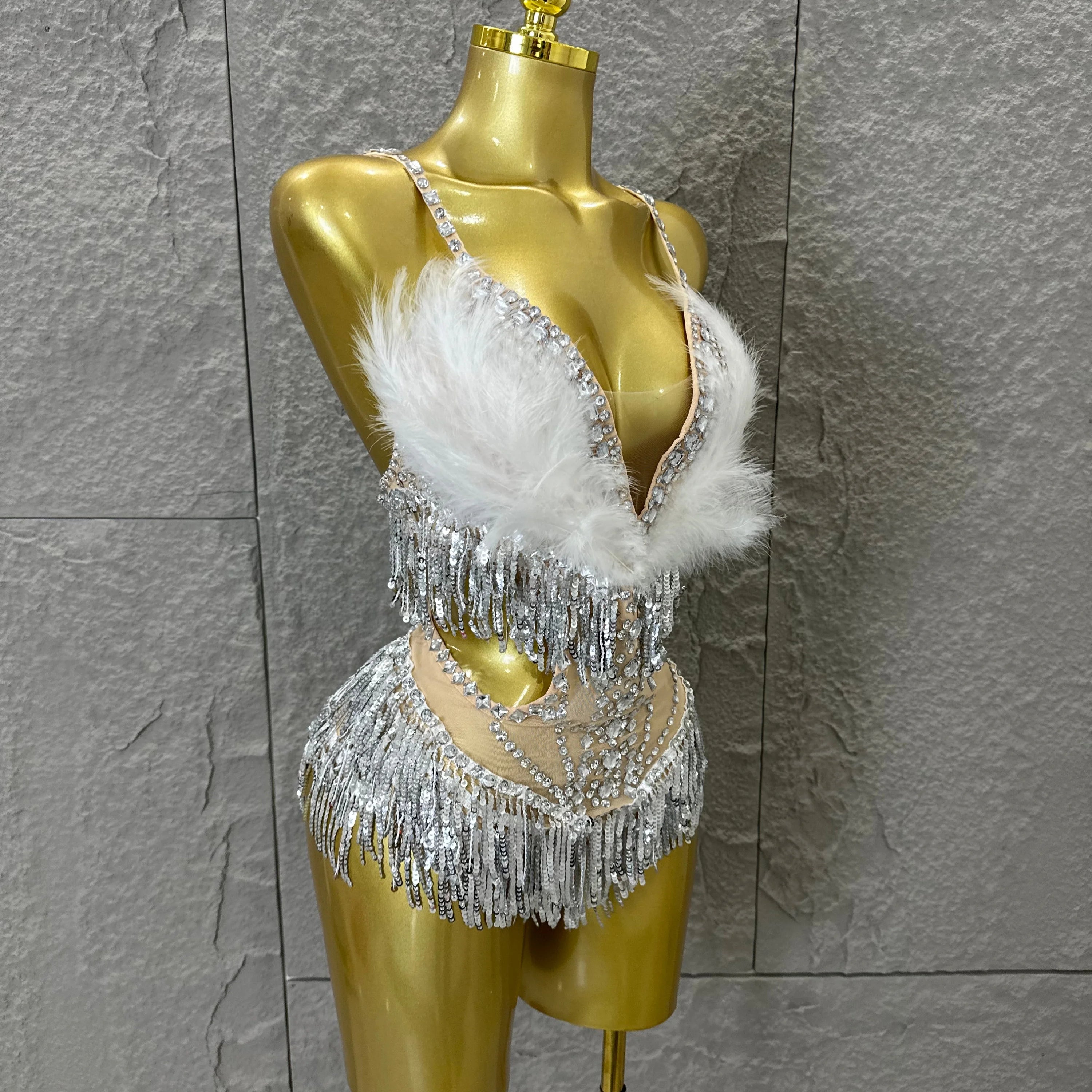 Luxurious Sheer Mesh Bodysuit Women Sexy Crystal Embellished Feather Fringe Trim Spaghetti Strap Outfit Stage Performance Outfit