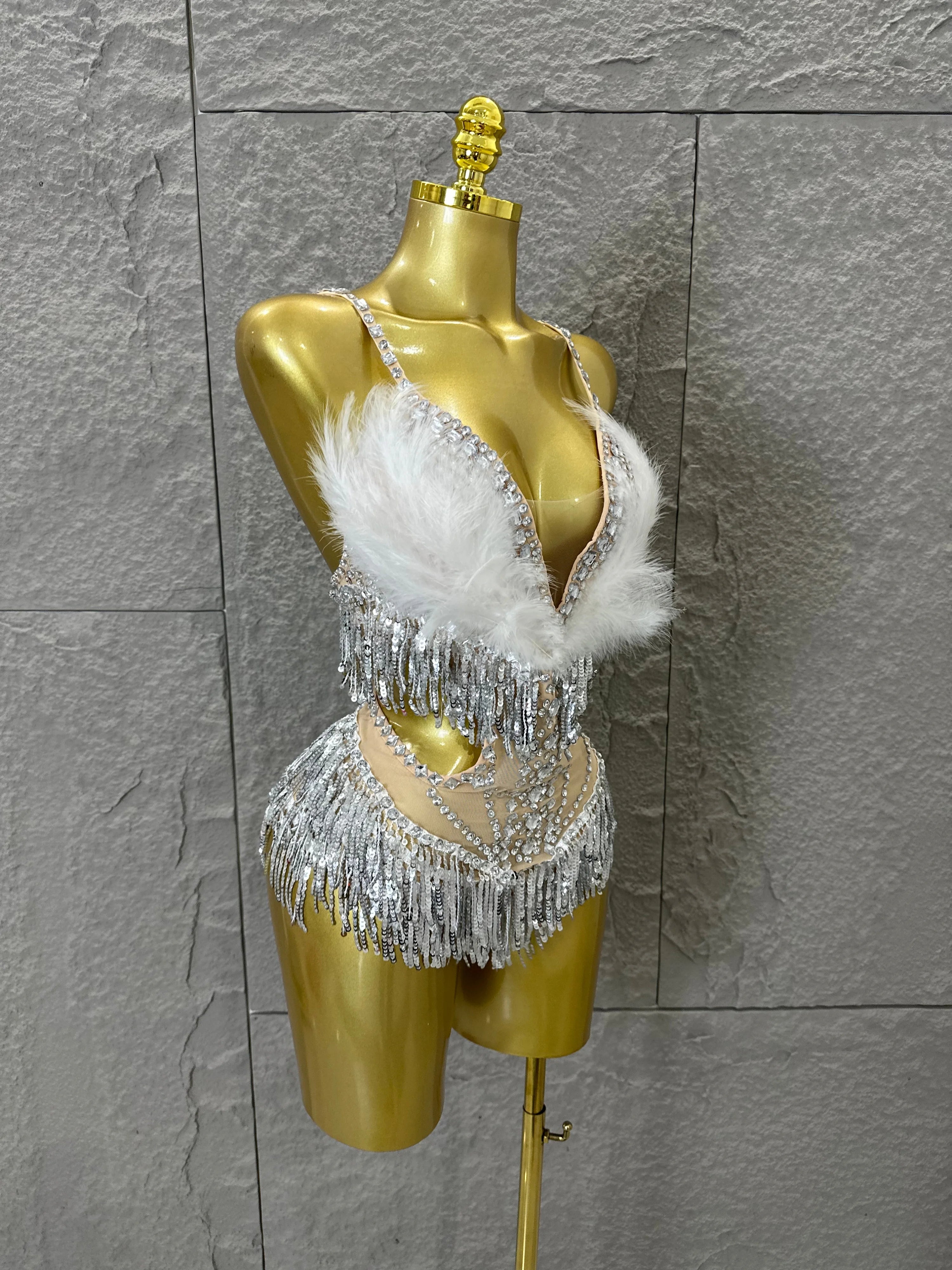 Luxurious Sheer Mesh Bodysuit Women Sexy Crystal Embellished Feather Fringe Trim Spaghetti Strap Outfit Stage Performance Outfit