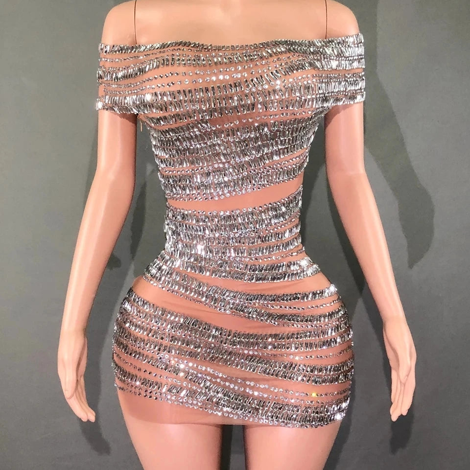 STOCKSparkly Rhinestones Short Dress for Women Sexy Off-shoulder See Through Evening Celebrate Birthday Dress Photo Shoot Stage Silver