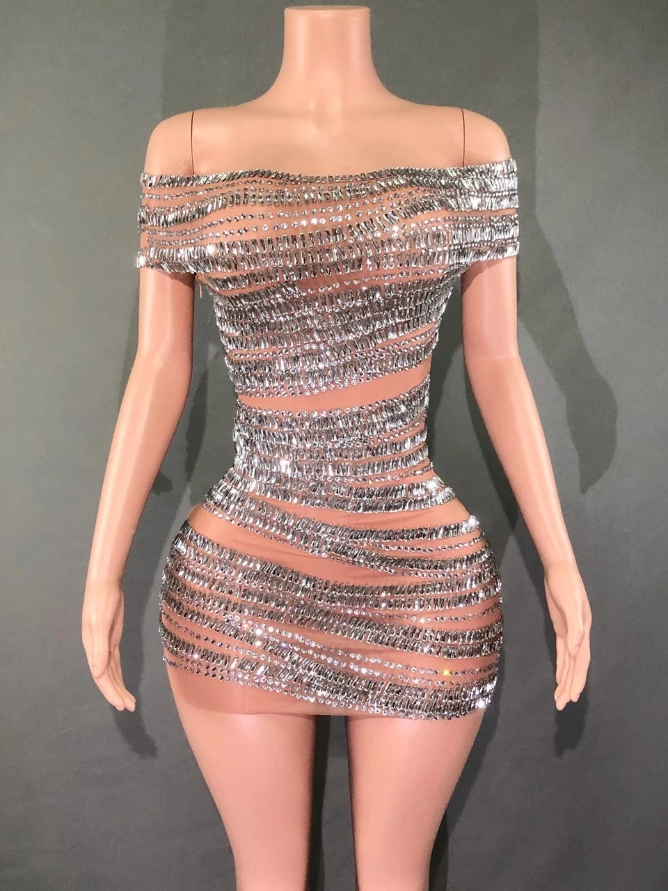 STOCKSparkly Rhinestones Short Dress for Women Sexy Off-shoulder See Through Evening Celebrate Birthday Dress Photo Shoot Stage Silver