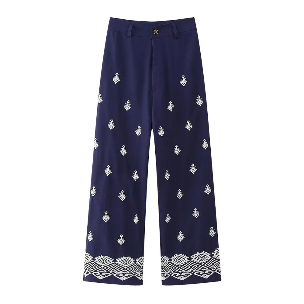 TRAF Women Fashion Embroidery Linen Straight Pants Vintage High Waist Zipper Fly Female Ankle Trousers Mujer as picture 2