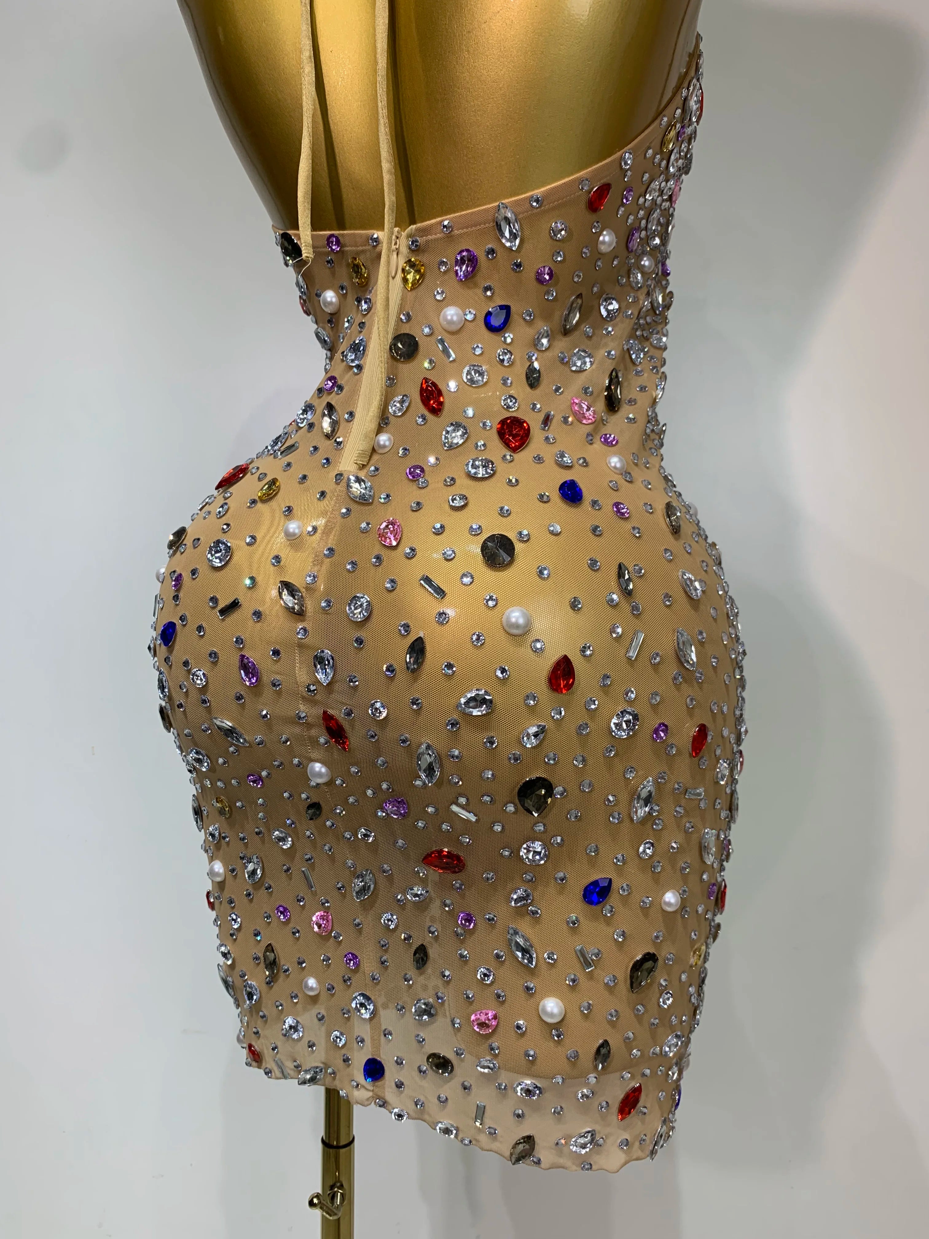 Colorful Crystals Diamond Women Sexy Halter Mesh See Through Bodycon Dress Nightclub Evening Party Celebrate Birthday Costume