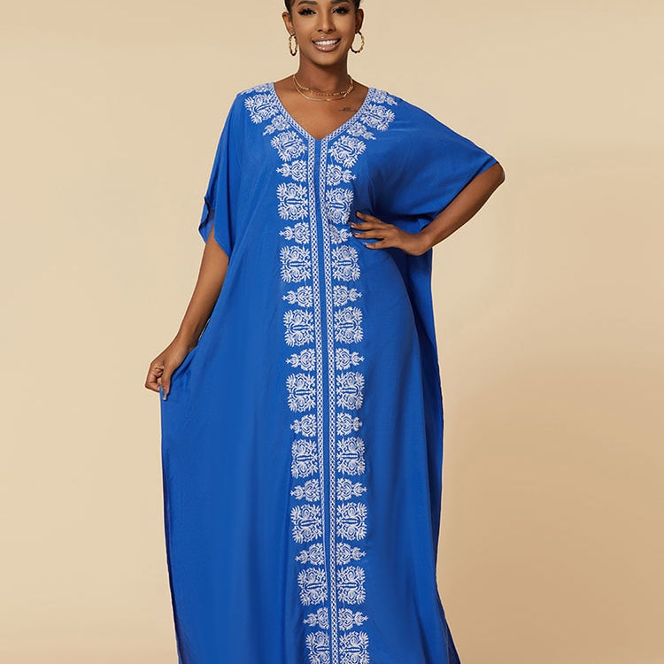 Vintage Embroidery Kaftan Sexy V-neck Batwing Sleeve High Waist Maxi Dress Tunic Women Clothing Summer Beach Dresses Q660 Q1518 One Size