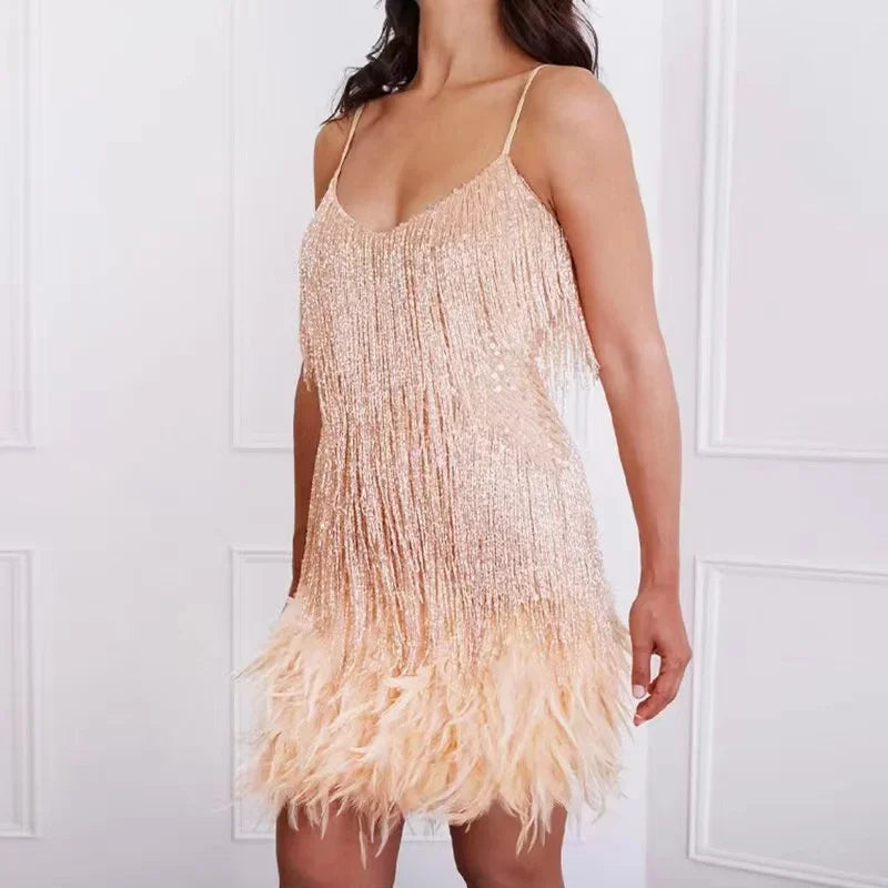 Sexy Women's Fringed Sequin Feather Stitching Dress Summer Slim V-Neck Off Shoulder Dresses Female Backless Slip Mini Robe champagne LYQ63
