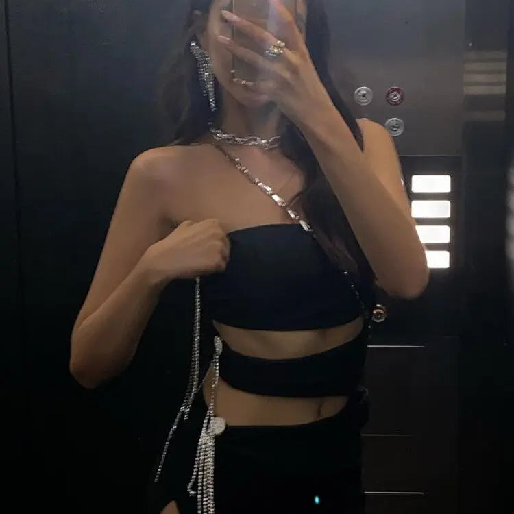 STOCK Hot Sexy Hollow Out Shining Diamonds Long Tassel Strapless Sleeveless Split Mini Dress Hotsweet Lady Summer Party Vestido