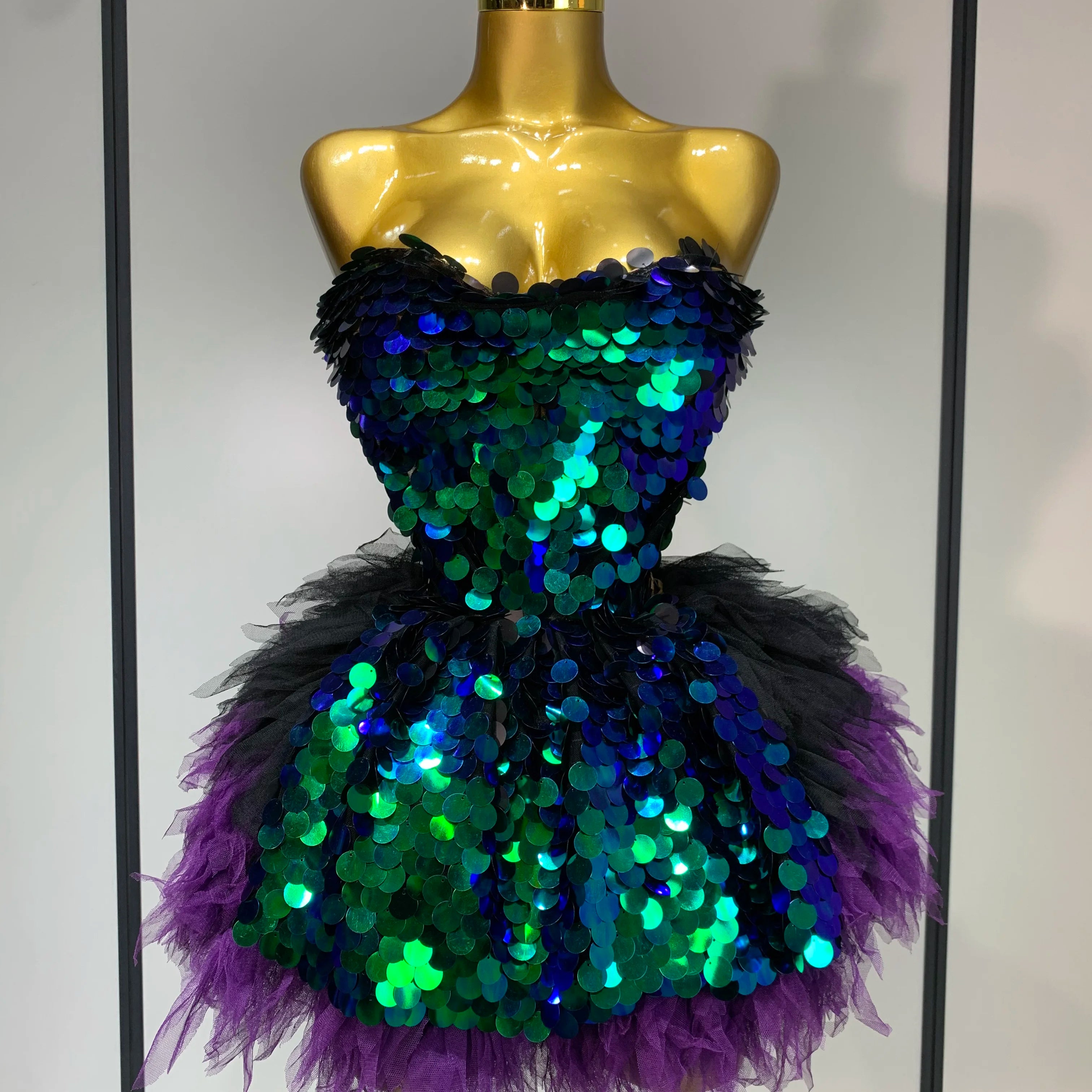 Sparkly Sequins Ruffles Two Pieces Set Sexy Backless Top Skirt Set Nightclub Performance Dance Dress Singer Stage Outfit green