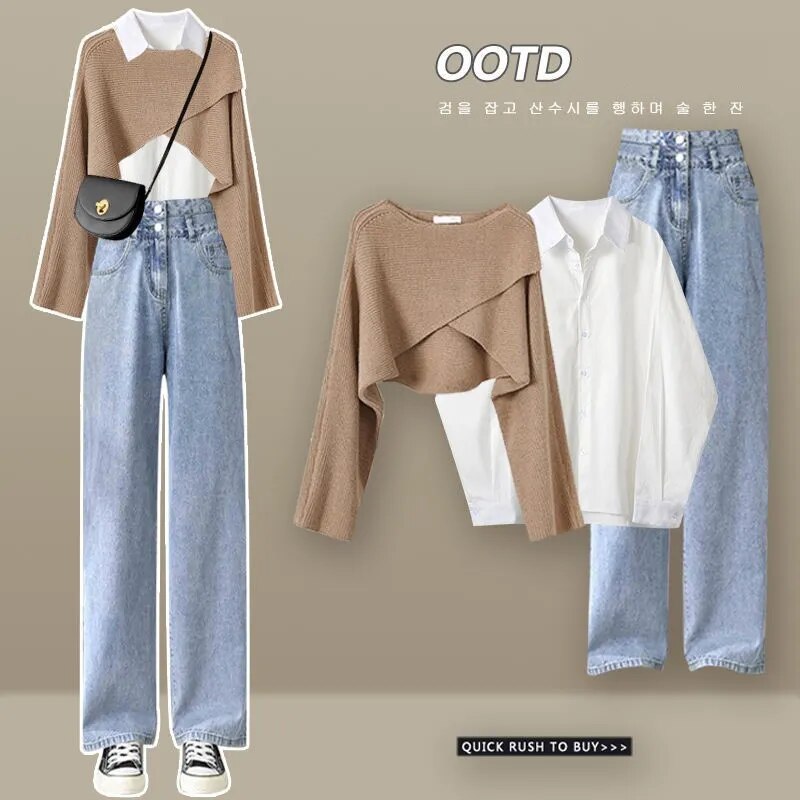 Women's Autumn Winter New Suit 2024 Fashion Knit Cross Sweater+Shirt+Jeans Three Piece Korean Elegant Denim Pants Matching Set Set 04