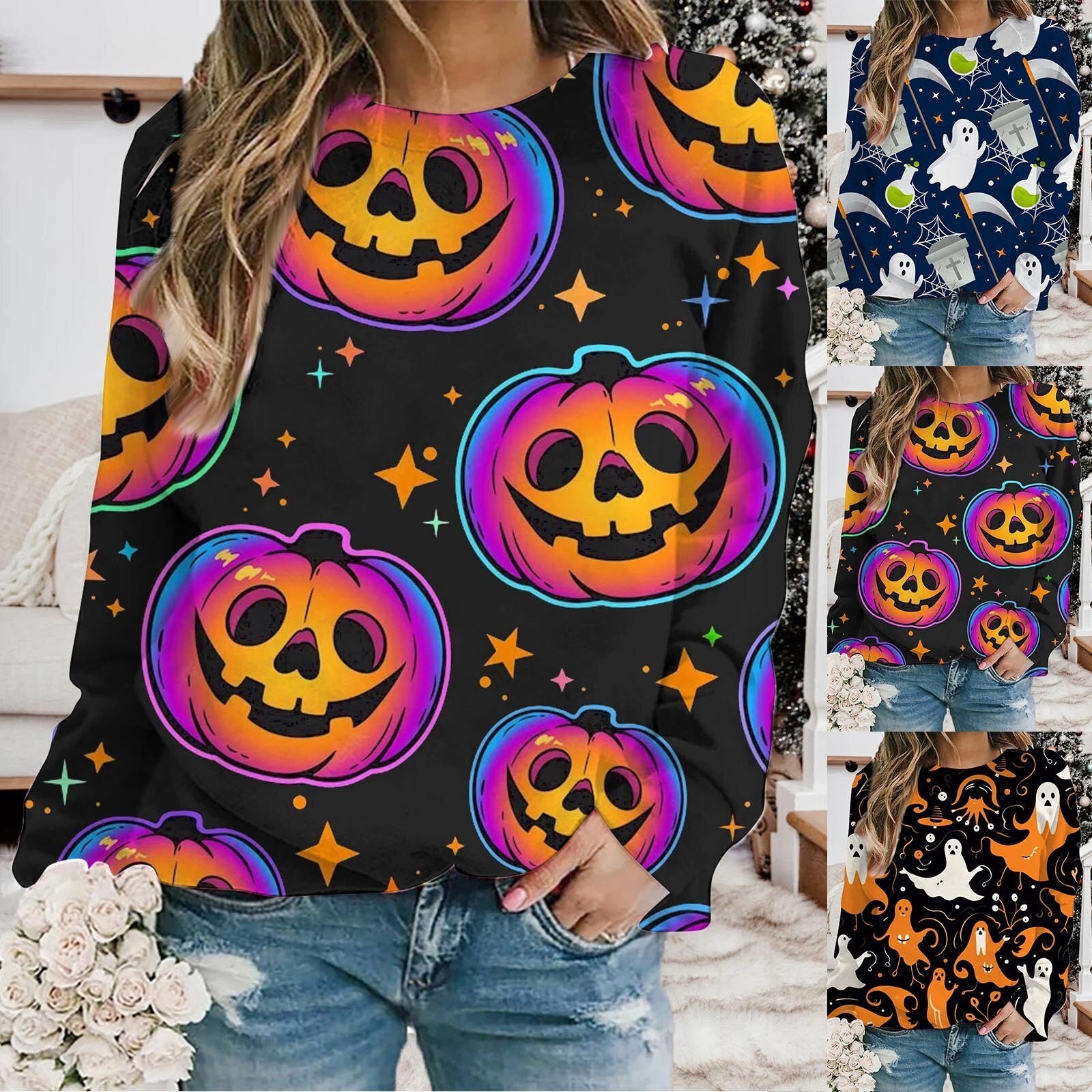 Women's Autumn Halloween Long Sleeved Round Neck Printed Lightweight Pullover Hoodless Sweatshirt Crop Fleece Sweater Womens