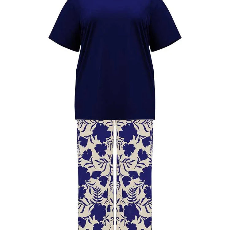 Two Piece Pants Set for Woman Summer Clothing Female Streetwear Casual Loose Tshirt and Print Trouser Plus Size Suit Set Navy Blue