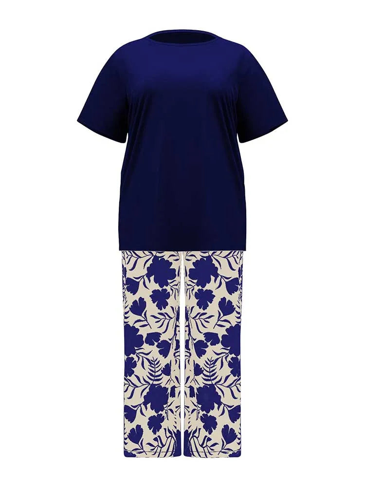 Two Piece Pants Set for Woman Summer Clothing Female Streetwear Casual Loose Tshirt and Print Trouser Plus Size Suit Set Navy Blue