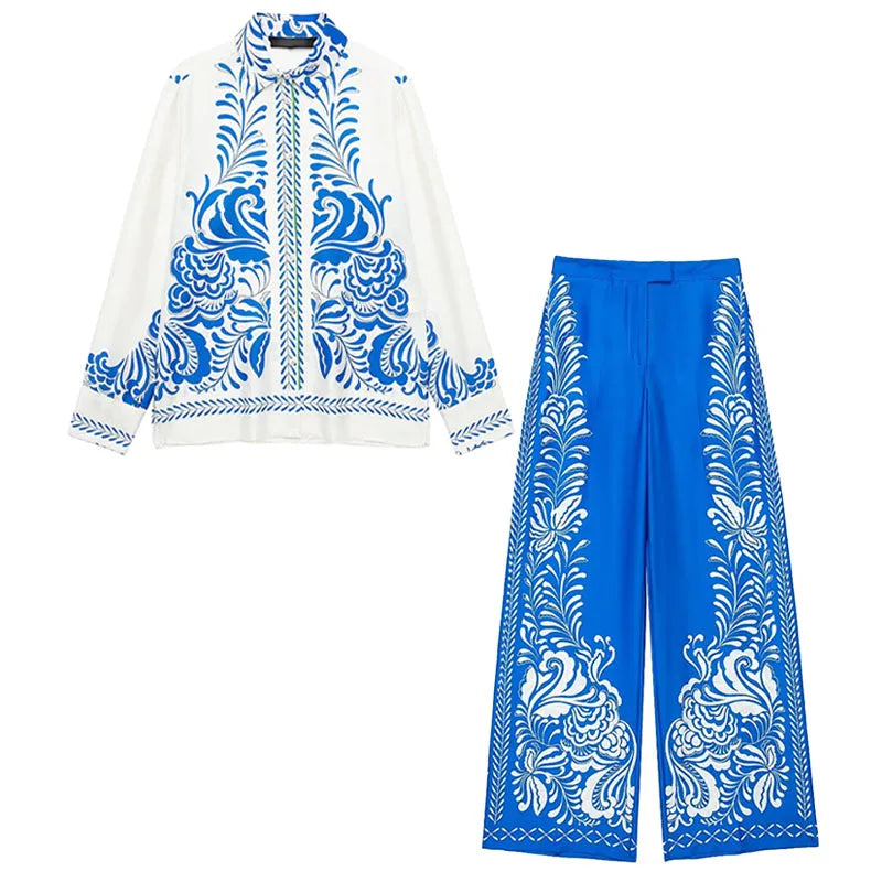 TRAFZA Women Suits Print Turn-Down Collar Long Sleeves Single Breasted Casual Shirts+High Waist Pockets Zipper Wide Leg Pants blue suit