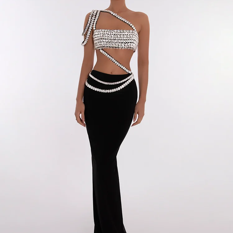 Designer Spliced Luxury Diamond Crop Top With Long Skirt Two-Piece Sets Party Evening Runway Set