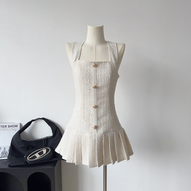 Robe d'été en Tweed à boutons dorés pour femmes, col licou, bretelles, Style coréen, ligne a, élégante, robe de soirée, Mini, 2023 