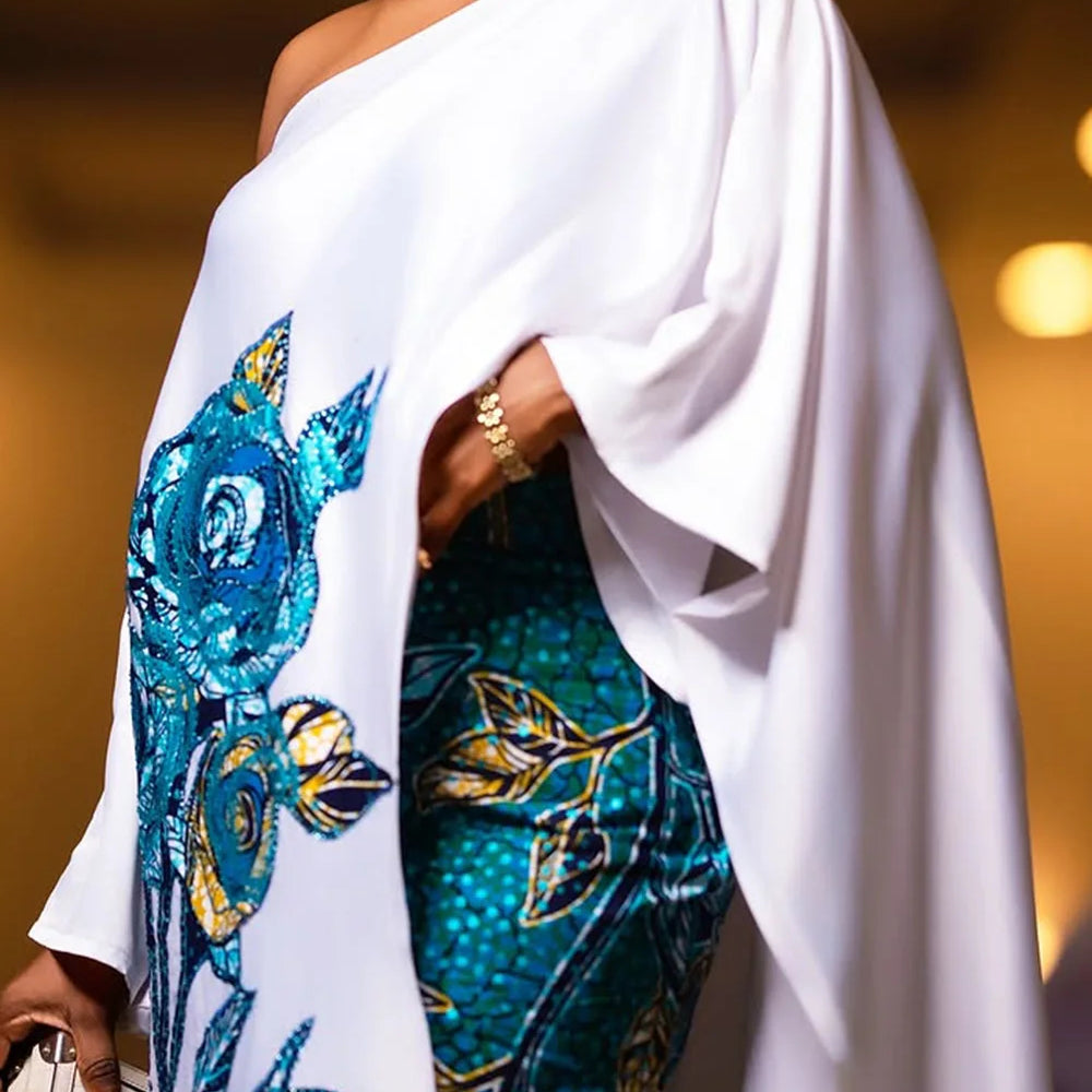 Plus Size Formal White Elegant Floral Oblique Collar 3/4 Sleeve Split Two Piece Skirt Sets