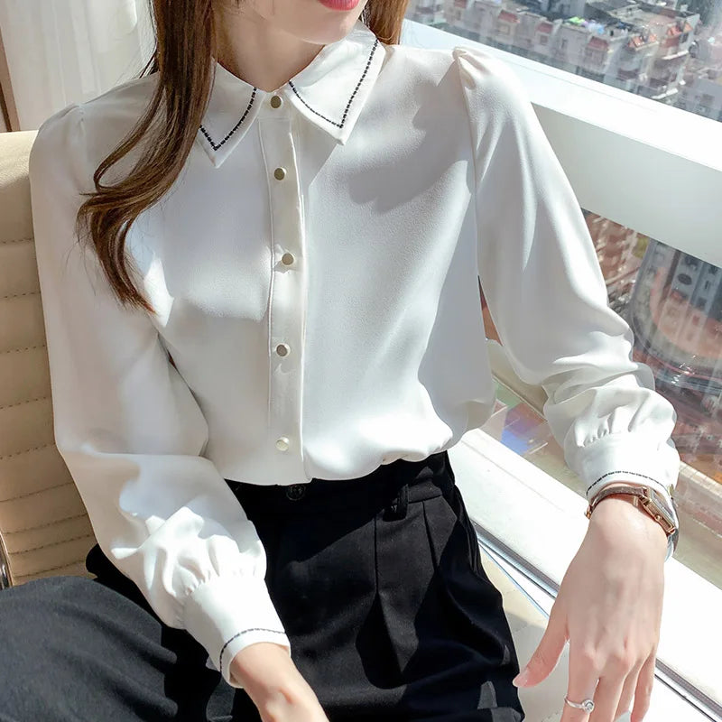 Women Clothing Solid Fashion Casual Loose Shirts Spring Autumn Long Sleeve Button Chic Turn-down Collar Blouses Female Top