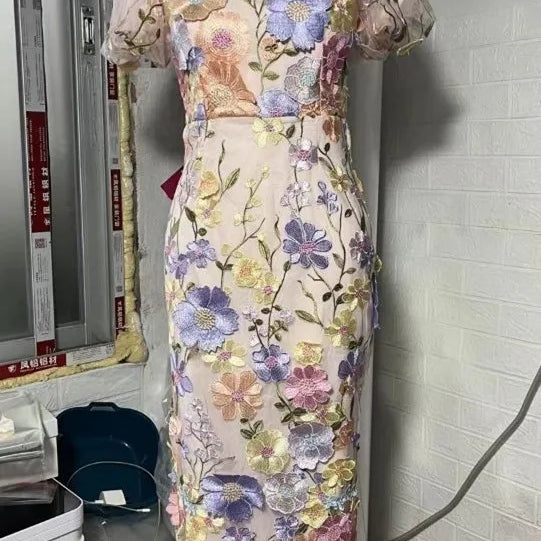 JAMERARY Runway Spring/Summer New Mesh 3D Flower Embroidery Perspective Evening Prom Dress Women Holiday Robe Vestido Party V blue shortsleeve