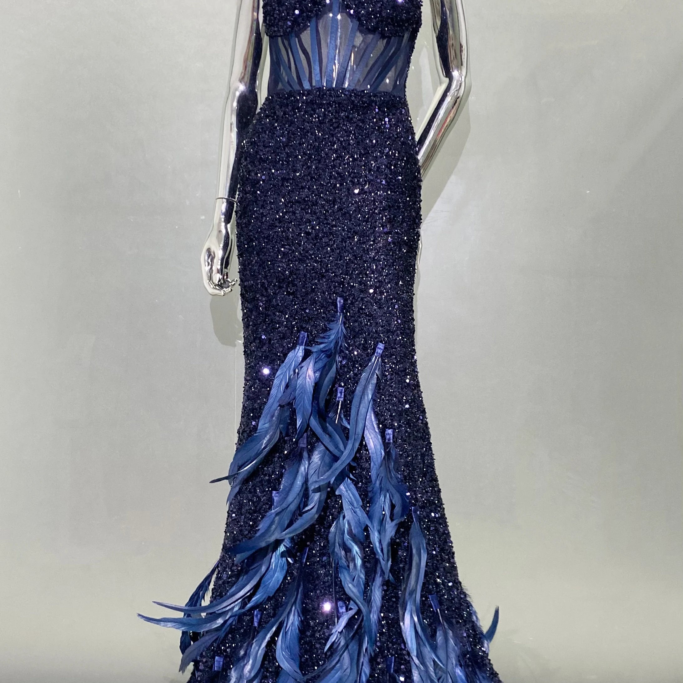 Women Summer Sexy V Neck Mesh Sequins Blue Feather Maxi Long Dress 2024 Elegant Party Evening Stage Performance Dress Vestido Navy Blue