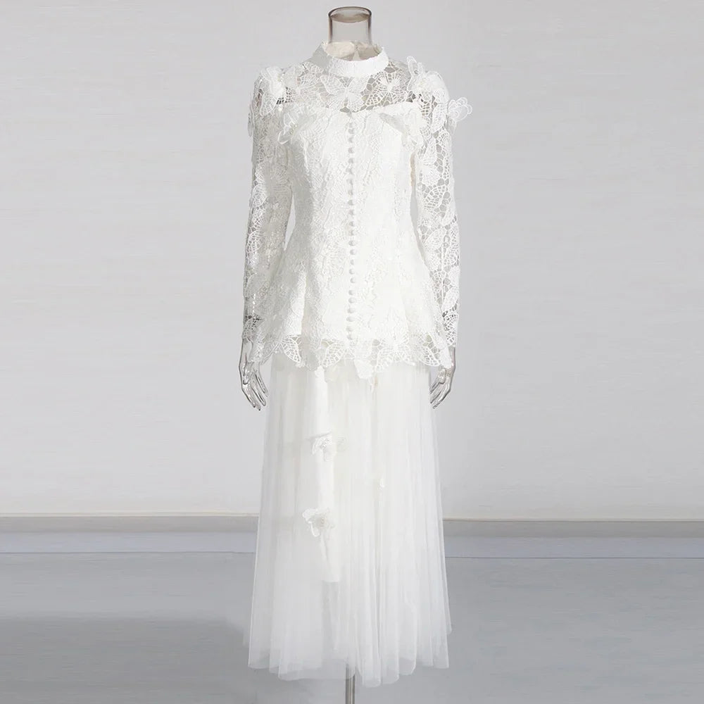 Solid Two Piece Sets for Women Stand Collar Long Sleeve Spliced Applique Top High Wasit Patchwork Mesh Skirt Female WHITE