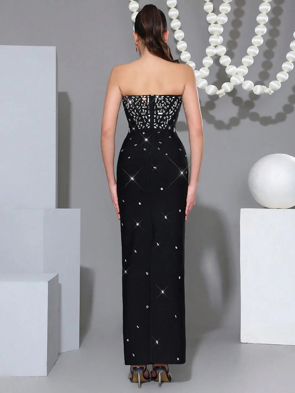 2025 Sexy Women's Nail Bead Design Bandage Dress Strapless Sleeveless Bodycon Backless Long Dress Cocktail Dinner Dress Vestitos