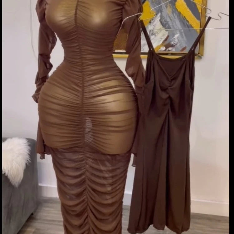 Women Flare Long Sleeve Stacked Ruched Mesh See Though with Tank Dress Maxi Long Dress 2025 Birthday Sexy Party Dresses Light Brown