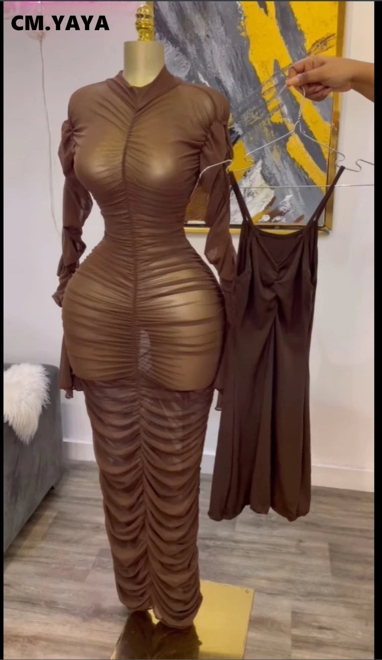 Women Flare Long Sleeve Stacked Ruched Mesh See Though with Tank Dress Maxi Long Dress 2025 Birthday Sexy Party Dresses Light Brown