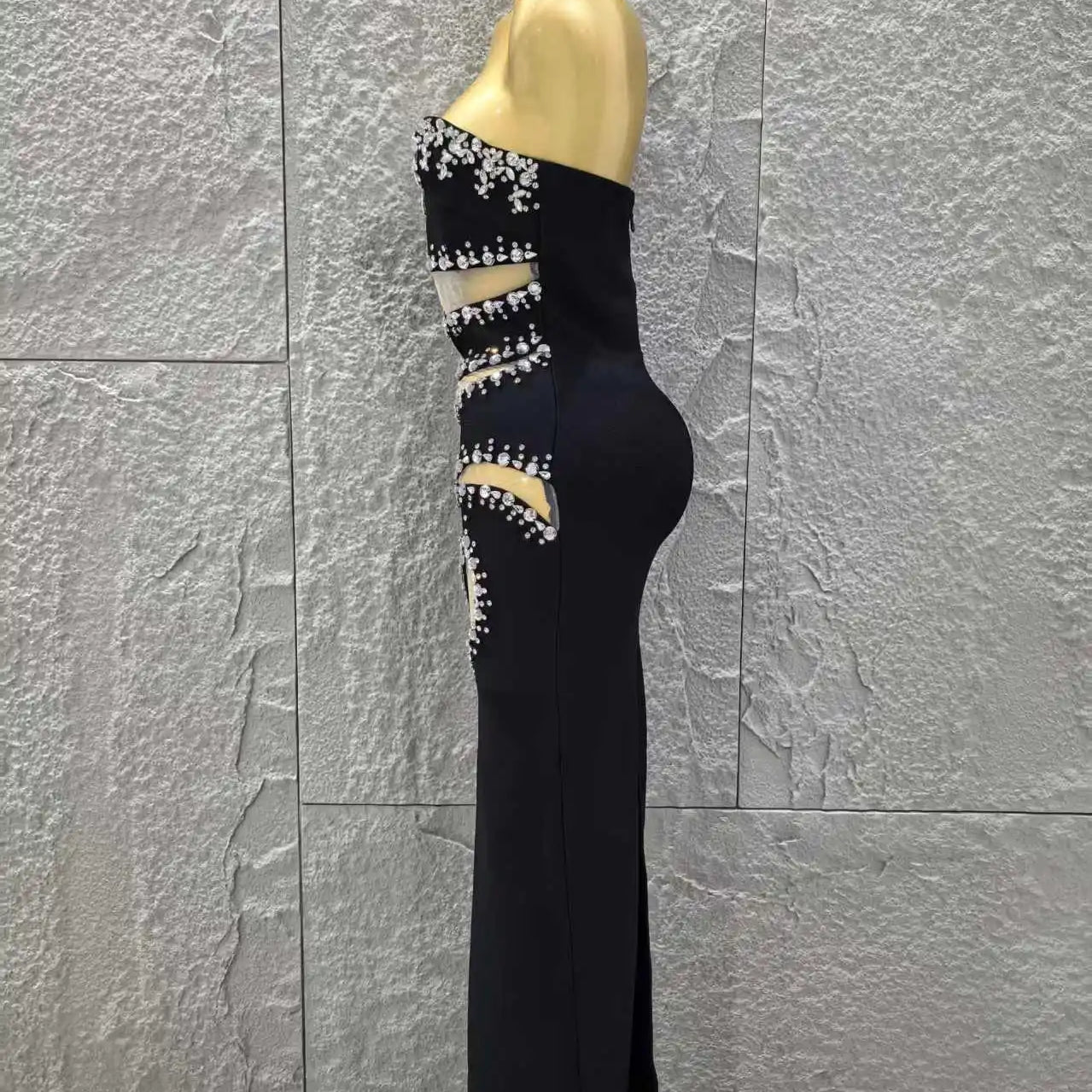 Black Color Women Sexy Strapless Shinning Crystal Mesh Holes Bodycon Bandage Long Dress Celebrate Evening Party Outfit