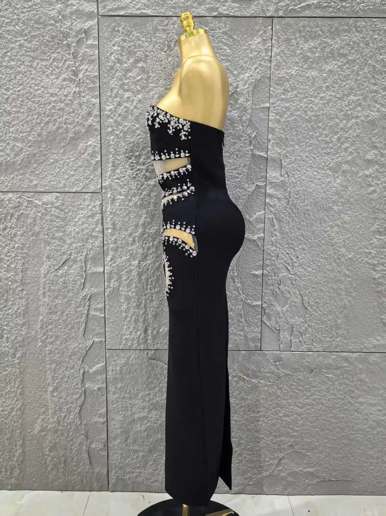 Black Color Women Sexy Strapless Shinning Crystal Mesh Holes Bodycon Bandage Long Dress Celebrate Evening Party Outfit