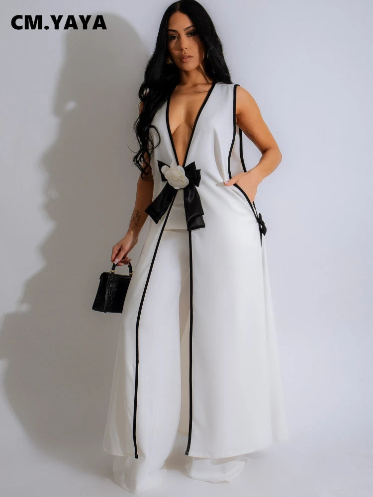 Women Set 3D Flower Sleeveless V-neck X-long Shirt Coats + Wide Leg Pants Two 2 Piece Sets Fashion Outfits 2024 Summer