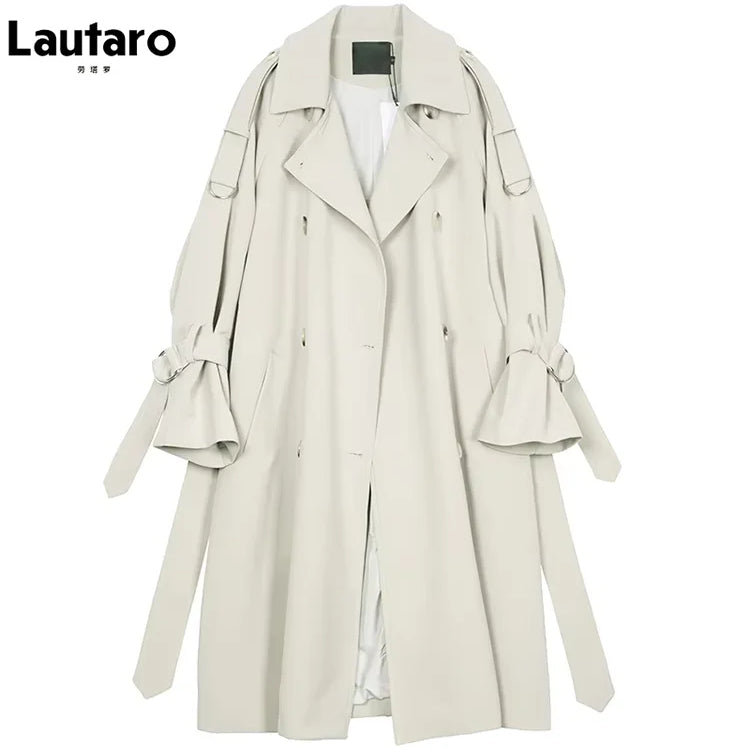 Lautaro Spring Autumn Long Soft Flowy Trench Coat for Women Sashes Raglan Sleeve Double Breasted Loose Casual Korean Fashion