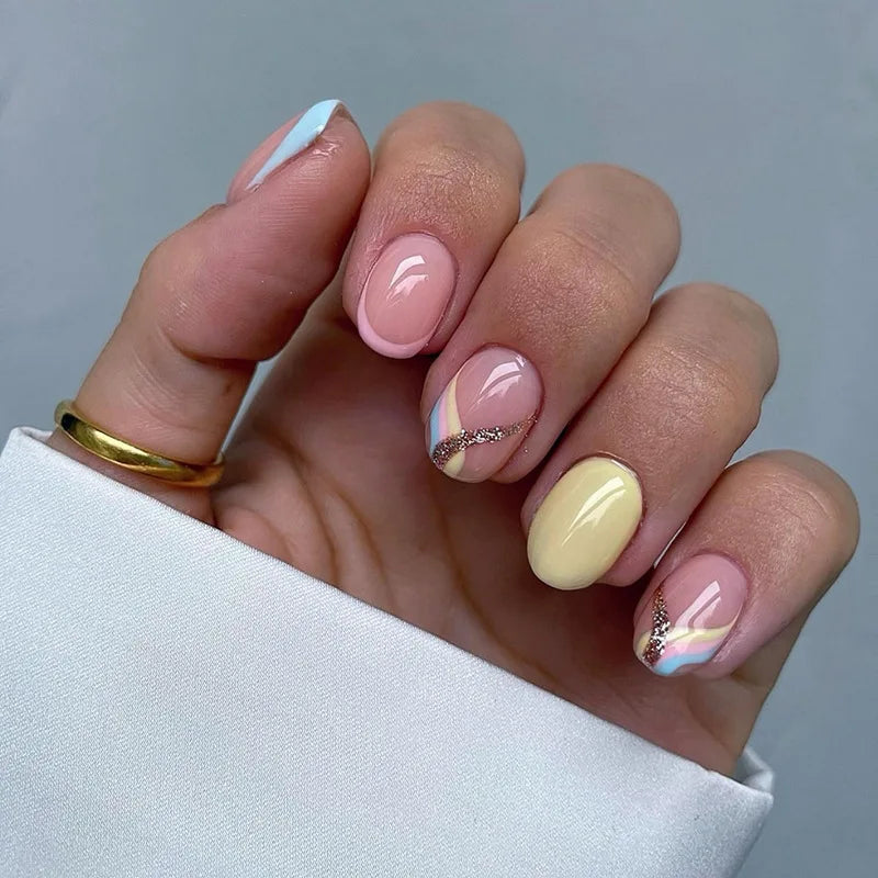 24Pcs Green French Press on Fake Nails with Almond Head Design 3D Flower Full Cover Nail Art Tips Short Round Head False Nails 1952