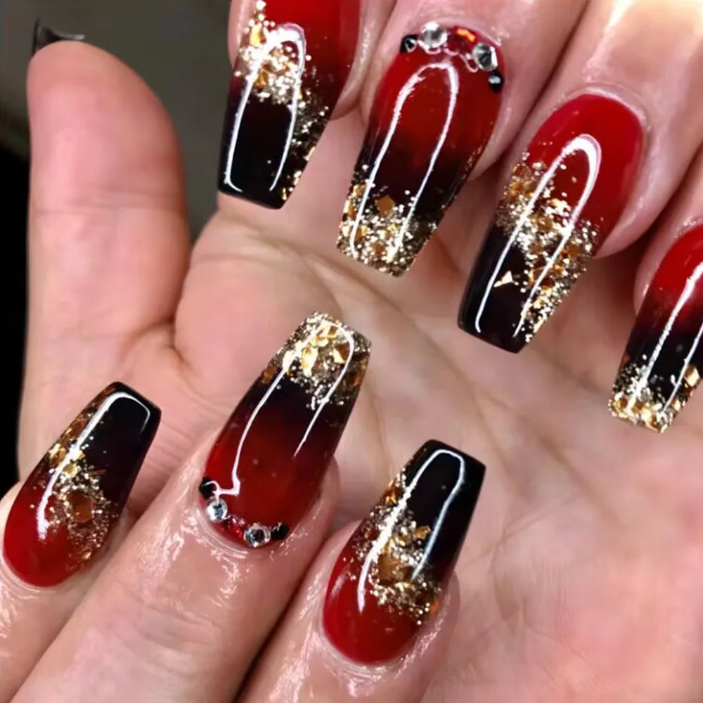 24pcs/set short medium fake nails square ballet tips new year red gradient colors with glitters faux ongles press on false nail 1609