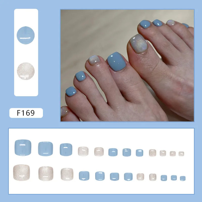 24pcs Summer Blue False Toenails Shiny Powder Cat Eye Fake Toenails Tips Wearable Detachable Spice Girl Press on Toe nails 1