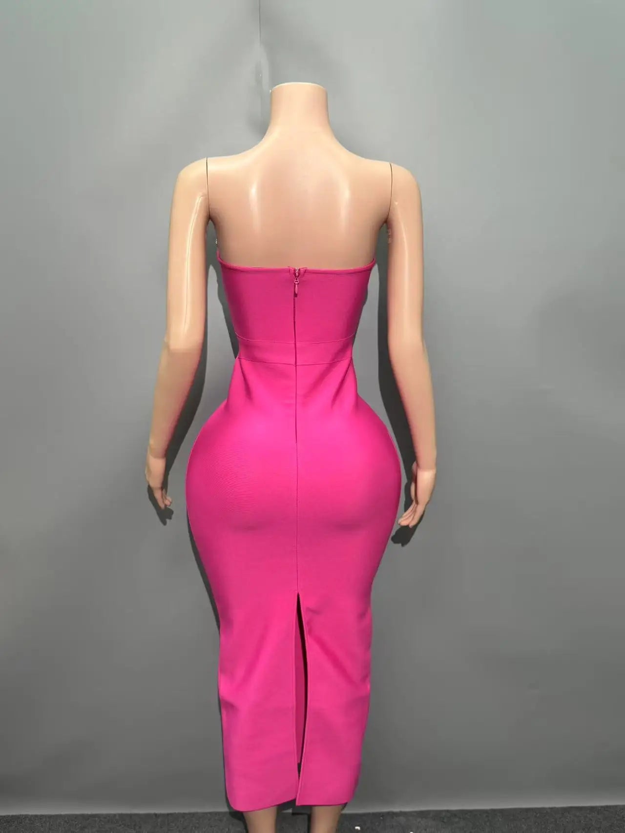 Rosered Color Women Sexy Strapless Shinning Crystal Bodycon Bandage Mid-calf Dress Nightclub Party Celebrate Birthday Outfit