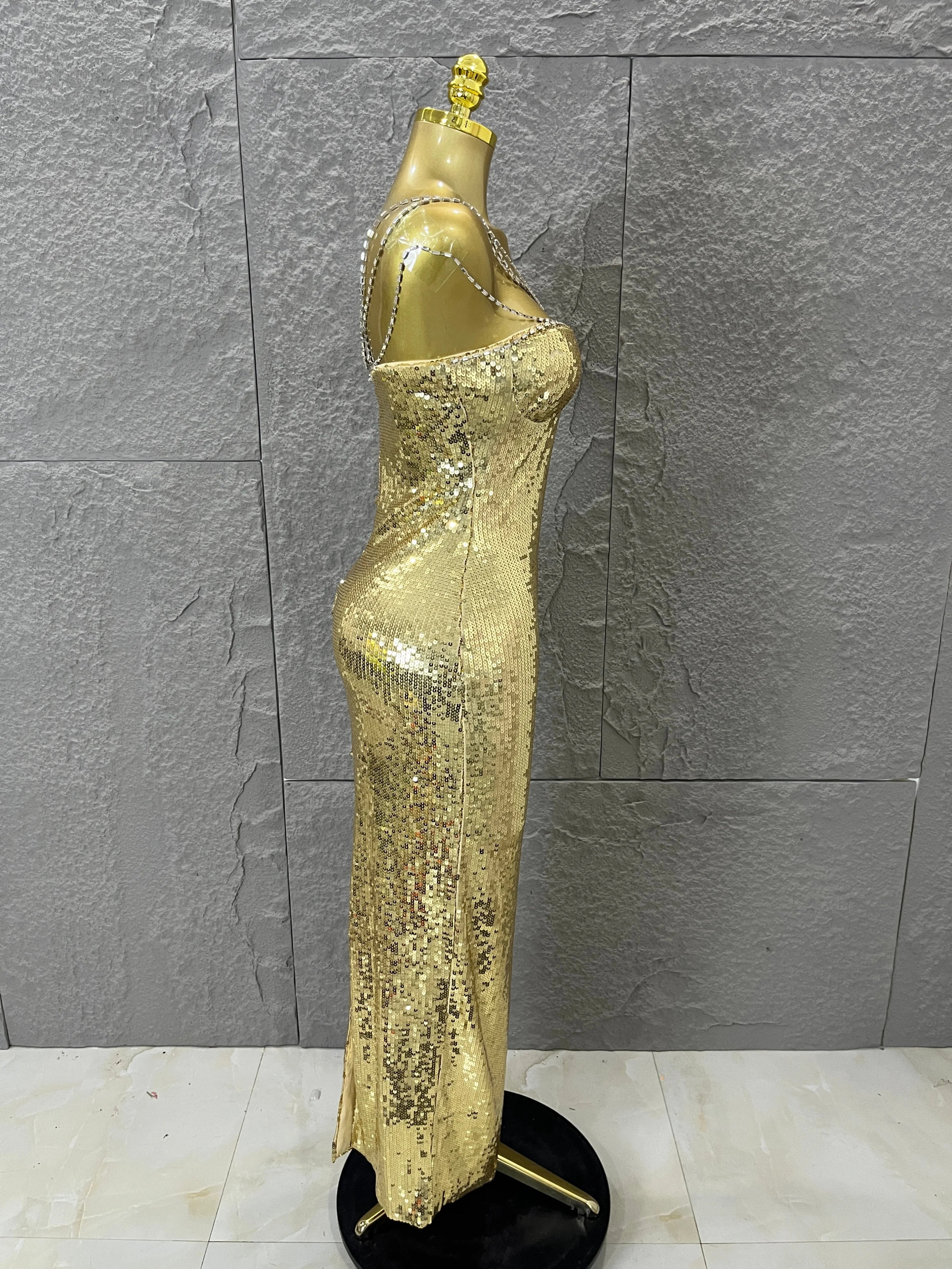 Classic Gold Sequin Mermaid Dress Rhinestone Chain Shoulder Straps Sweetheart Neck Formal Evening Gala Photoshoot Cocktail Party