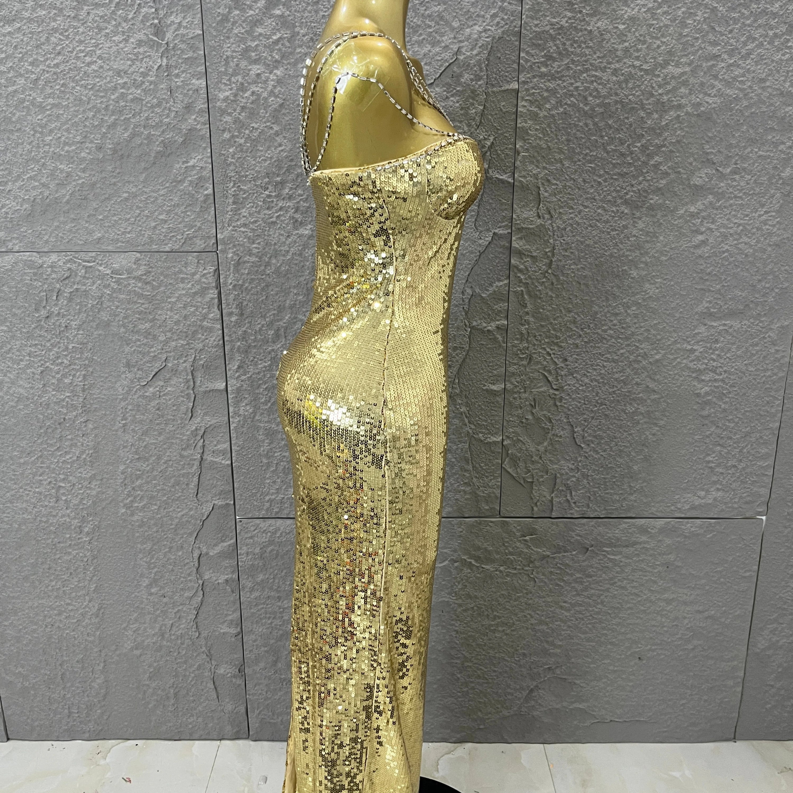 Classic Gold Sequin Mermaid Dress Rhinestone Chain Shoulder Straps Sweetheart Neck Formal Evening Gala Photoshoot Cocktail Party