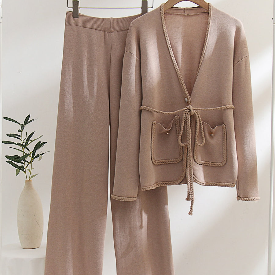 Spring Autumn Knitted Suits Women Long Sleeve Sweater and Wide leg Pants Sets Outwear Loose Lace Up Cardigan Outfits Sets