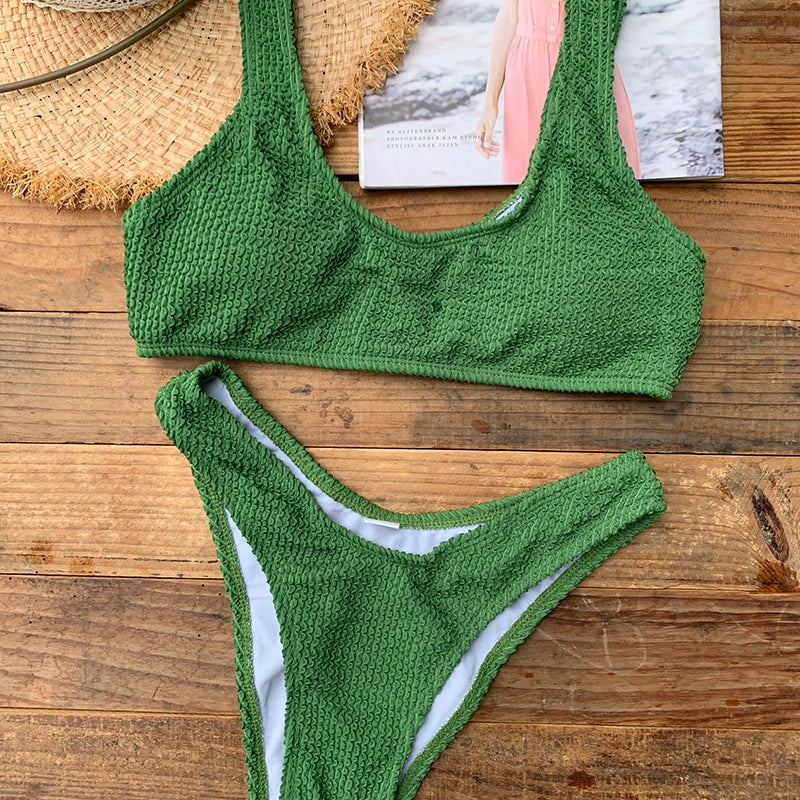 Solid Ribbed Wide Straps Tank Bikini Set Women Push Up Swimwear Sexy Neon Green Pink Black White Bathing Suit 2024 New Swimsuit