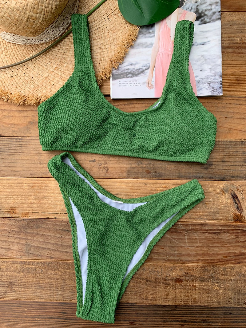 Solid Ribbed Wide Straps Tank Bikini Set Women Push Up Swimwear Sexy Neon Green Pink Black White Bathing Suit 2024 New Swimsuit