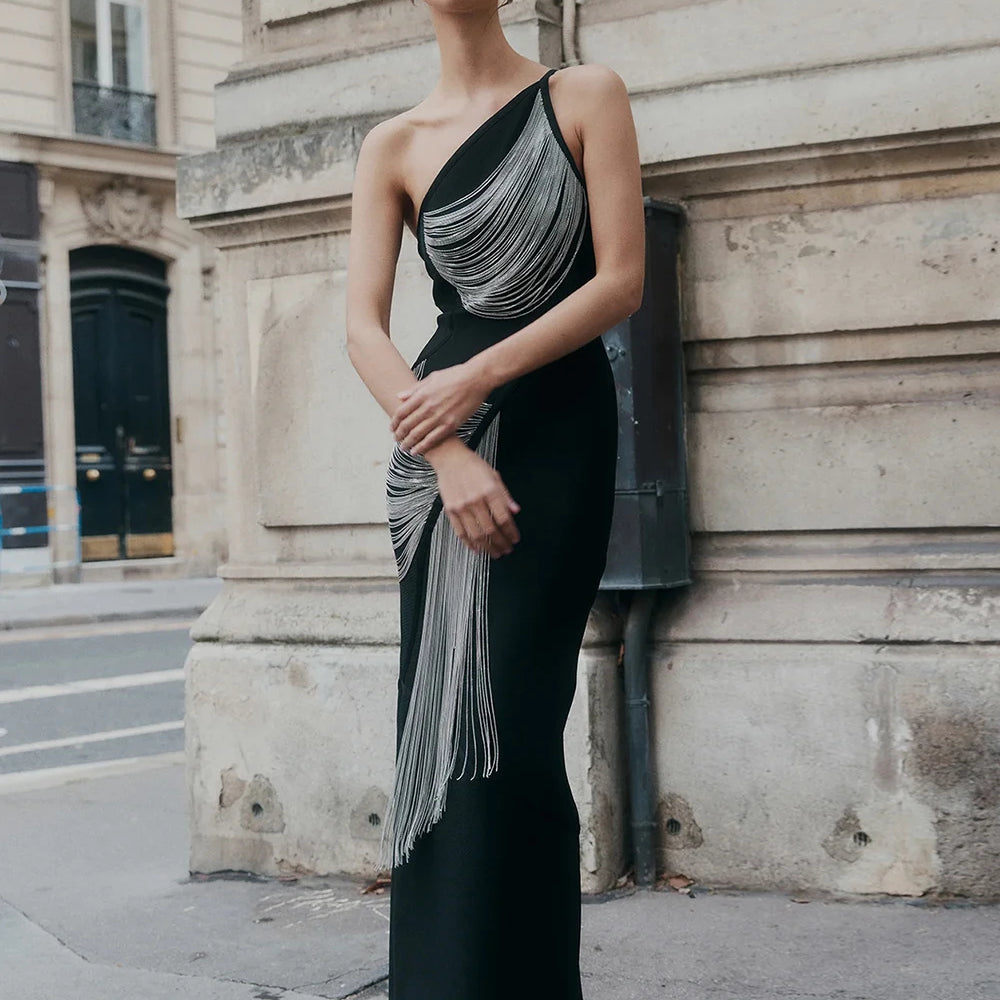 Women Sexy One shoulder Tassels Black Maxi Bodycon Bandage Dress 2025 Summer Elegant Cocktail Evening Club Party Gowns