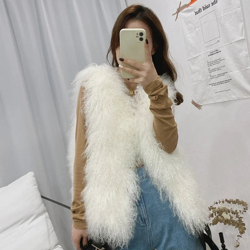 11 Colors Luxury Thick Warm Mongolia Sheep Fur Vest Women New Winter Hot V-neck Sexy Wool Fur Coat